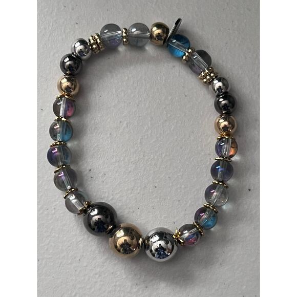 Iridescent Glass Handmade Bracelet Eclectic Unique Futuristic Design Stretchy - Picture 1 of 3